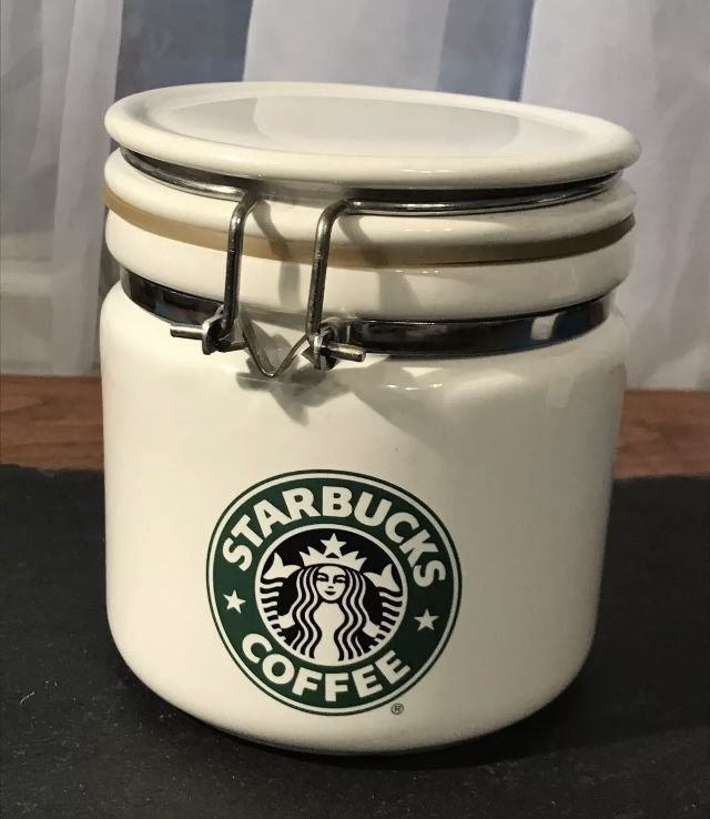 Starbucks Bee House Japan Ceramic White Coffee Canister 5 1/2 " Tall.