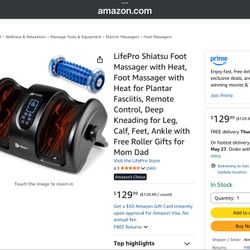 LifelPro Shiatsu Foot  Massager With Heat.  For Plantar Fasciitis, Remote Control, Deep Needing For Leg Calf Feet Ankle With A Free Roller.  Makes A G