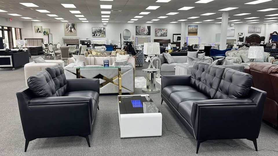 Brand New Black Leatherette Sofa/Sofa Set with Modern Track Arms