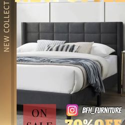Queen Gray Wingback Button Tufted Bed w. orthopedic Mattress included 