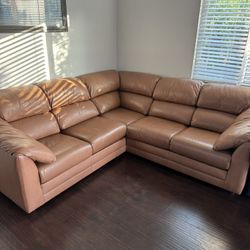 Brown Leather L Sectional Couch 