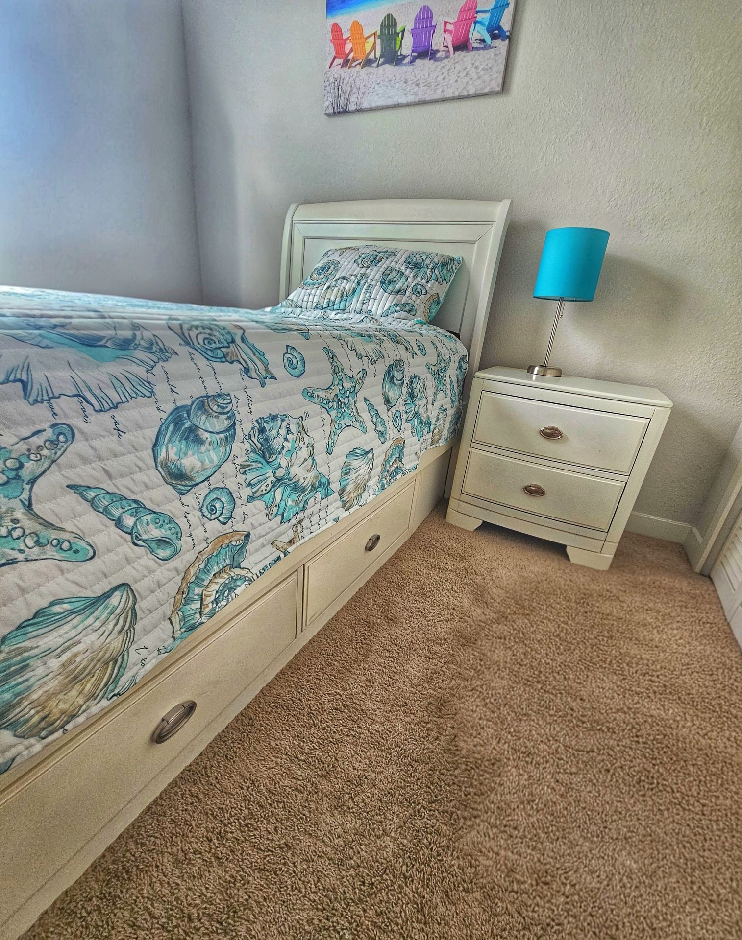 Twin bed set: mattress, mattress cover, bed frame, night table, sheets & quilt