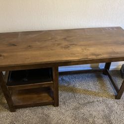 Solid wood desk with sliding tray and shelf