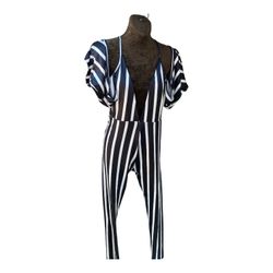 Black and White Striped Jumpsuit, Cold Shoulder Jumpsuit, Plunging V-Neck, Vertical Stripe Pantsuit, Slim Fit Jumpsuit, Party Romper
