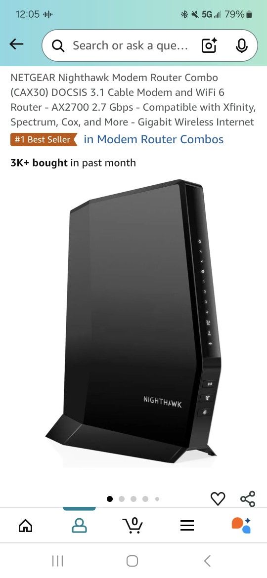 NETGEAR Nighthawk Modem Router Combo
(CAX30) DOCSIS 3.1 Cable Modem and WiFi 6
Router