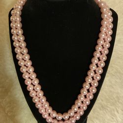 Double Strand Pink Pearl Necklace With Silver Clasp With Pearl And Crystals