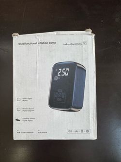 Portable rechargeable tire ball pump inflator. Has built-in light.  Brand new in box. Comes complete with charging cable.