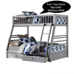 New Solid Full/ Twin Bunk Bed With Mattress 