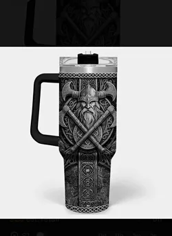 40oz Stainless Steel Insulated Tumbler w/ Handle, Lid & Straw For All Vikings