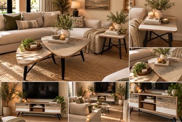 Rustic Wood and Metal Living Room Furniture Set