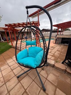 Hanging Egg Chair with Stand & Turquoise Cushions – $60