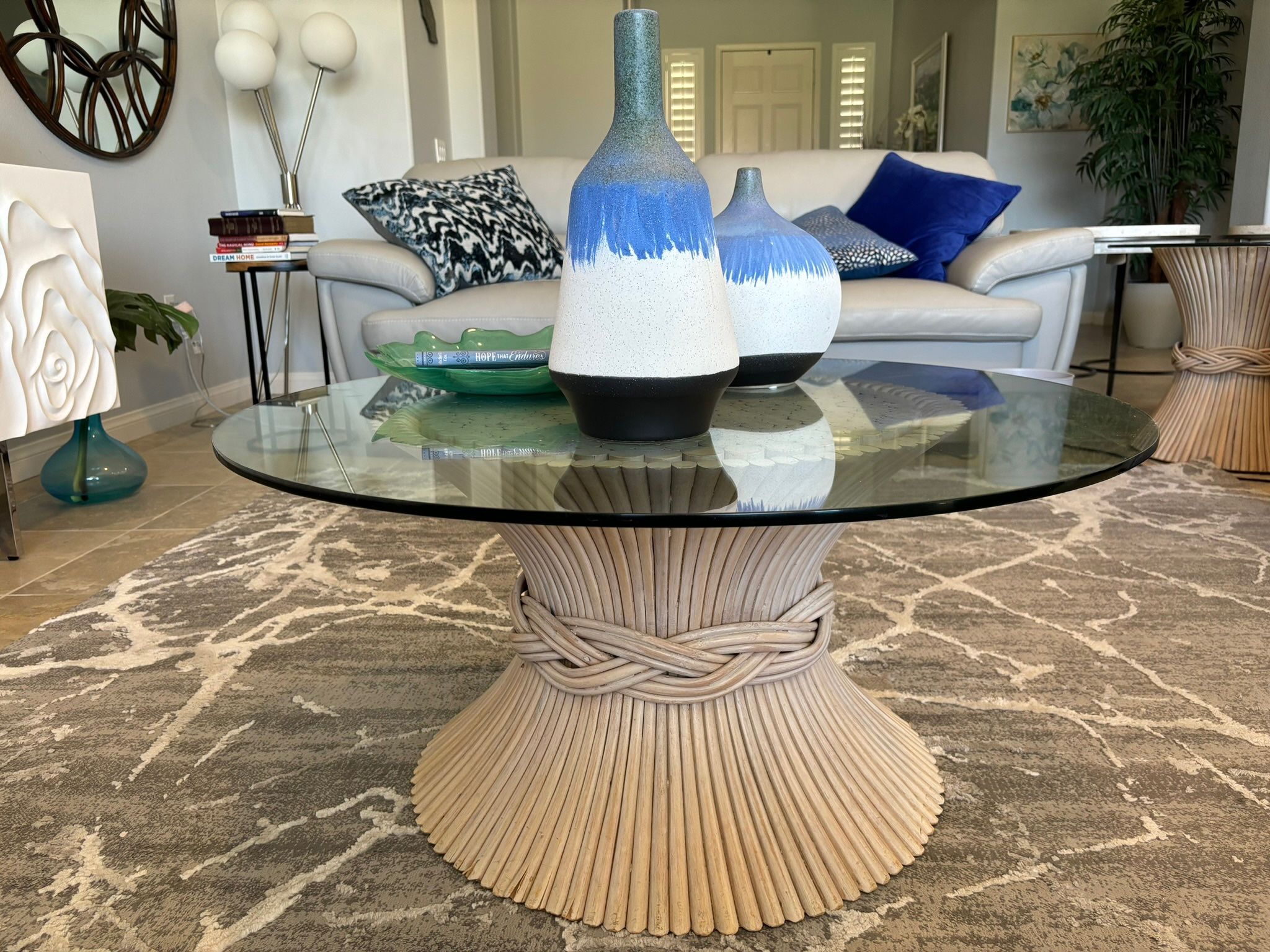 MidCentury Modern McGuire STY Sheaf Of Wheat Vintage Bamboo Rattan Coffee Table + 2 End Tables