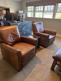 Pottery Barn Irving Leather Recliners – Pair – Molasses Brown