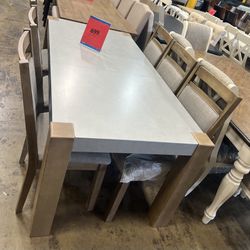 Silver-Finish Dining Table with 12” Butterfly Leaf and 6 Matching Chairs