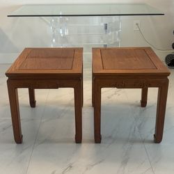 Pair Of Chinese Hardwood End Tables With Hand Carved Detail