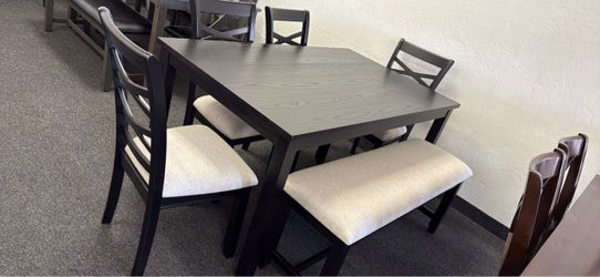 Dark Wood Dining Table Set with Bench