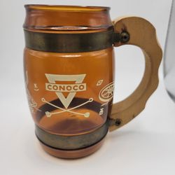 Vintage Brown Glass Siesta Ware Conoco Western Cowboy Mug Wooden Handle 5"