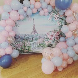 Birthday backdrop and balloons