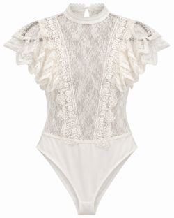 White Lace Ruffle Sleeve Bodysuit – High Neck Size M