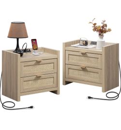 Rattan Nightstands Set of 2 Bedside Table - Bedroom Night Stand with Type-C Charging Station, 2 Drawers Storage - Boho Night Stands End Table for Bedr