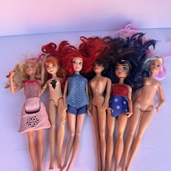 Lot Of 6 BARBIE DOLLS Multicolor Hair Styles, Some With Clothing Accessories.