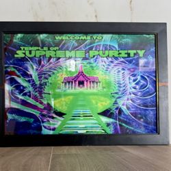 Framed art print with glass that displays a vibrant, abstract, and psychedelic depiction of a temple with the text "WELCOME TO TEMPLE OF SUPREME PURIT