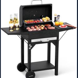 MASTER COOK Charcoal Grill with Two Side Tables, Heavy-duty Steel Barbecue BBQ Grill 
