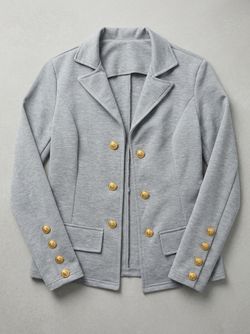 Heather Gray Double-Breasted Open-Front Knit Captain’s Blazer w/ Gold Buttons
