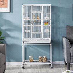 (NEW) $135 Large 63” Bird Cage, Rolling Stand, Plastic Tray, Size 32x19x62” for Mid-Sized Parrots