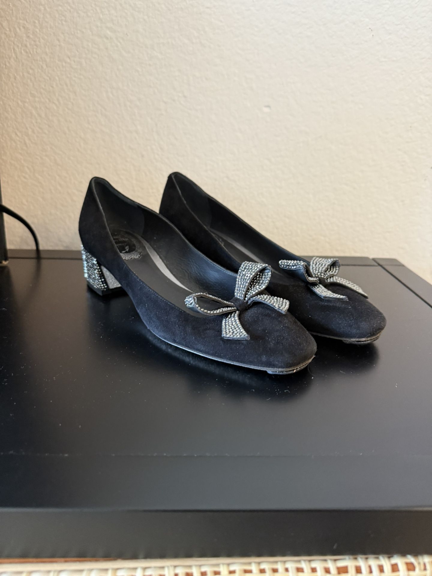 Rene Caovilla Black and Silver Heels with Elegant Bow, Size 36.5