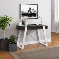 Elle Décor Lara 42”W Writing Desk, Cool Gray/Snow White