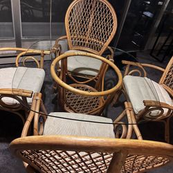 Coastal Island Style Rattan Glass Top Dining or Game Table & 4 Chairs a Set