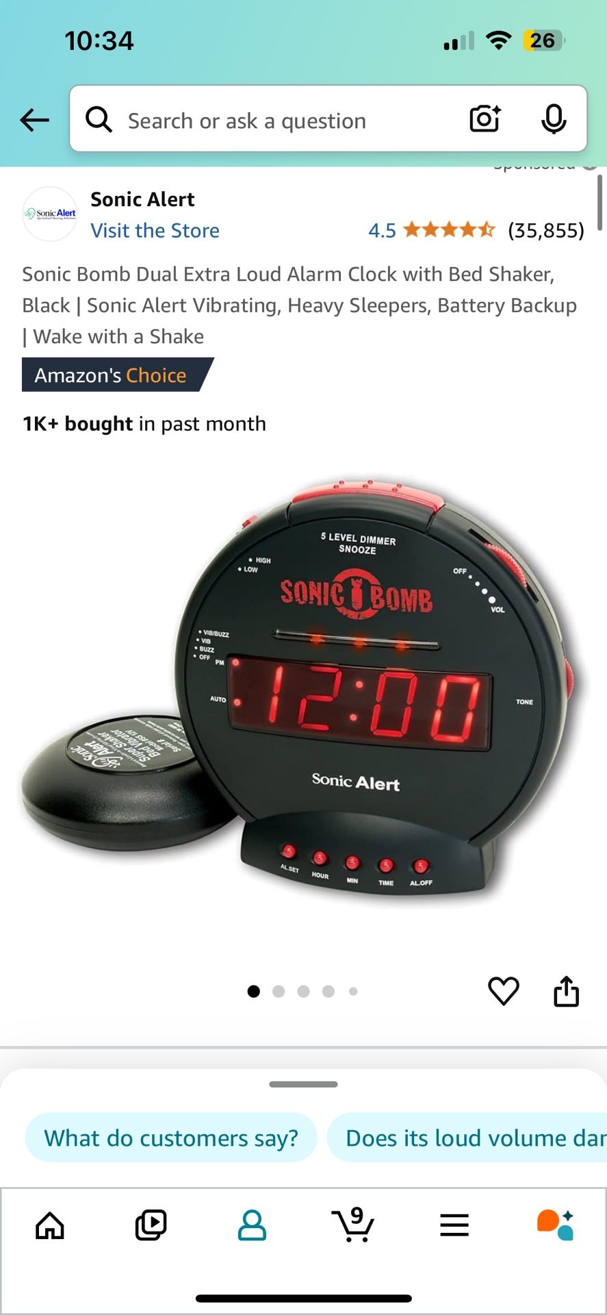Sonic Bomb Dual Extra Loud Alarm Clock with Bed Shaker, Black | Sonic Alert Vibrating, Heavy Sleepers, Battery Backup | Wake with a Shake
