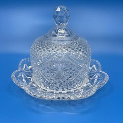 Avon Butter Brie Cheese Ball Dish Fostoria Glass Dome Cover Diamond Cut 1970s