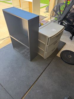 Dark Blue Bookshelf and Plastic Drawer Unit