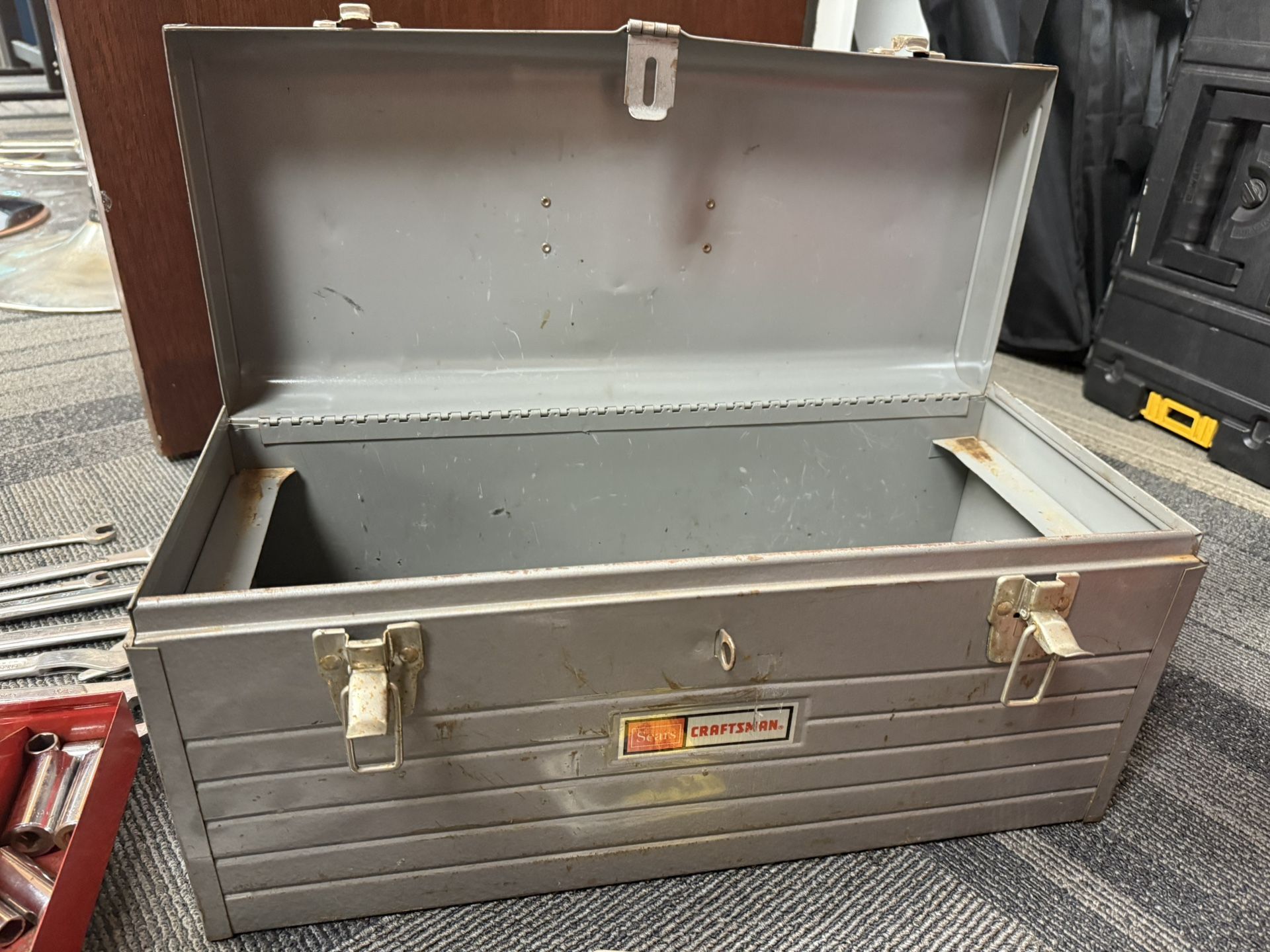 Vintage Craftsman Tool Box And Wrenches, Snap On Sockets, Sears Wrenches