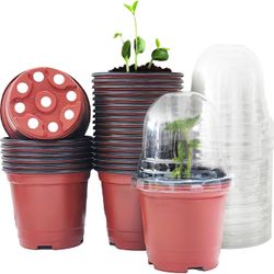 Plant Nursery Pots with Humidity Domes, 30 Sets (30 Red Pots + 30 Clear Lids)