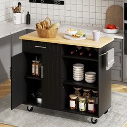 Kitchen Island Cart, Black, 42"  with Storage,Rolling Kitchen Island Side Table on Wheels with Large Worktop,Storage Cabinet,Towel Rack, NEW
