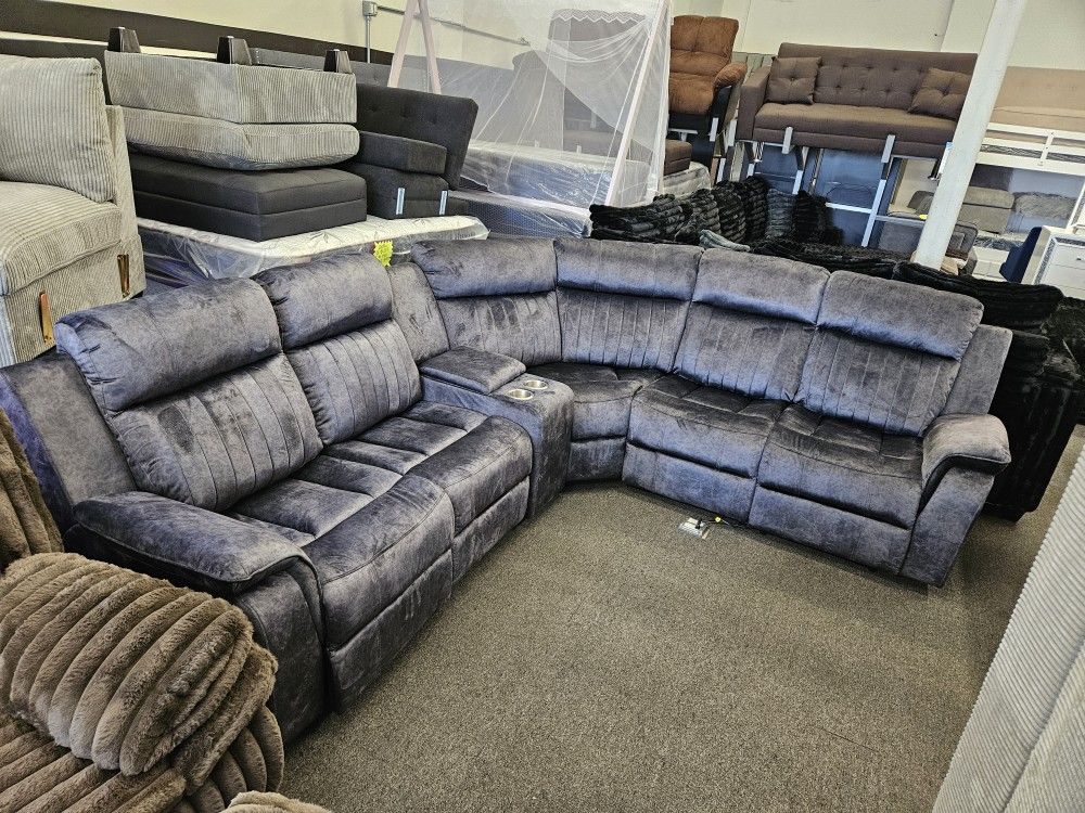 Brand New Sectional 6 Pcs Dark Grey Velvet W/ 2 Power Recliners 1 Manual Recliner $989