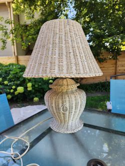Vintage White Wicker & Rattan Table Lamp with Matching Shade - Boho Decor