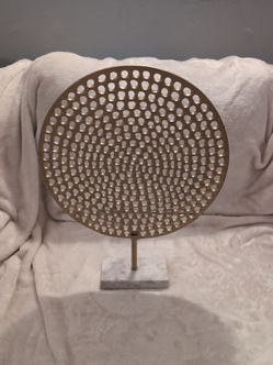 Gold Metal Perforated Disc Sculpture on Marble Base