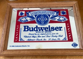 Vintage Budweiser “King of Beers” framed mirror sign from 1990.