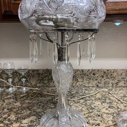 ANTIQUE CUT GLASS LAMP ABP MUSHROOM SHAPE W CRYSTAL PRISMS