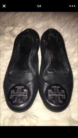 Tory Burch Scrunch Heel Ballet Flats sz 9 M Supple Black Leather w/ Silver Logo