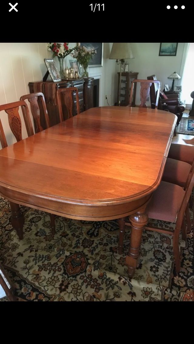 Antique wood dining table set 6 marquetry and upholstery chairs + 2 arm chairs