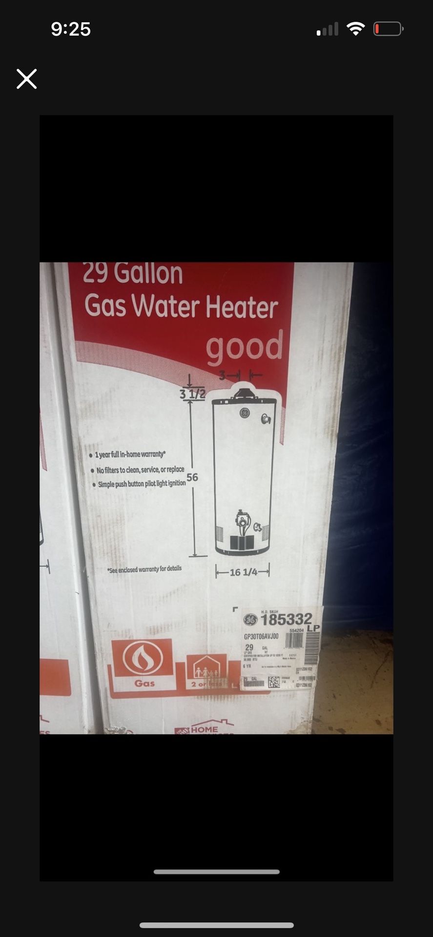Propane Water heater 29 Gallon new In box