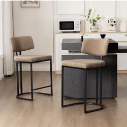 Set of 2 Counter Height Stools, 26" Velvet Barstools with Generous Backrest, Black Metal Legs and Footrest, Morden Design for Kitchen Island, Counter,
