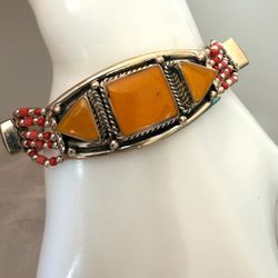 Tibetan Style Orange Cabochon Red Beaded Silver Tone Statement Bracelet