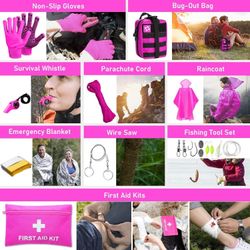 Pink Survival Kit with First Aid, Hiking Gear for Women w/ Molle Pouch, Outdoor Survival Ki