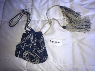 New woven blue boho bucket bag tassels